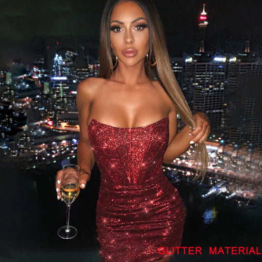 Giyu Nachtclub Party Vrouw Jurk Sexy Bodycon Glitter Strapless Mini Korte Prom Gewaad 2024 Zomer Elegante Ruches Zwart vestidos