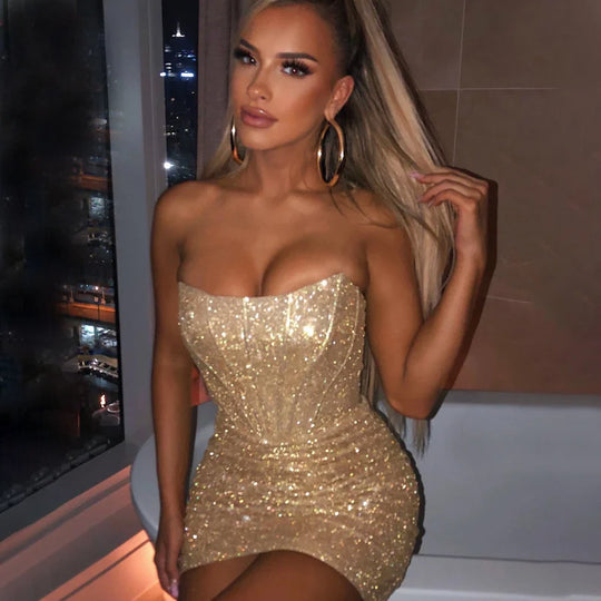 Giyu Nachtclub Party Vrouw Jurk Sexy Bodycon Glitter Strapless Mini Korte Prom Gewaad 2024 Zomer Elegante Ruches Zwart vestidos